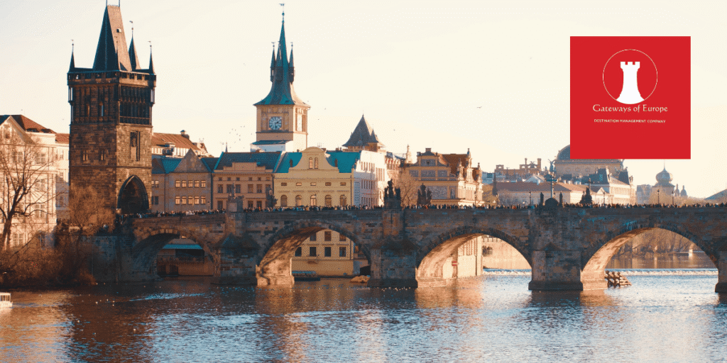image of the Carls Bridge in Prague and the red Gateways of Europe logo